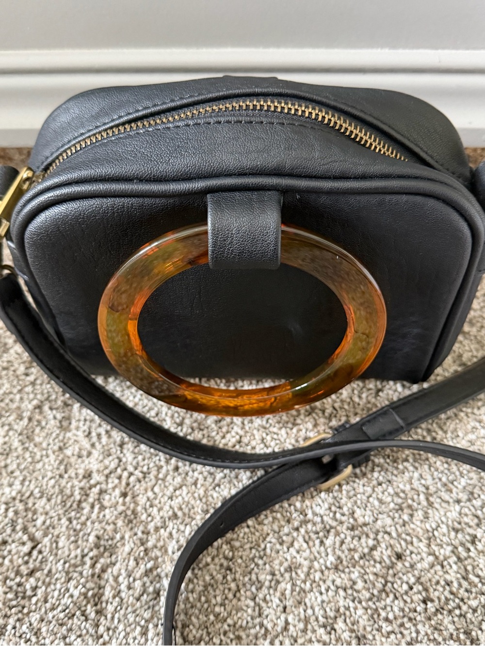 Anthropologie Black Crossbody Bag with Amber Tortoiseshell Ring